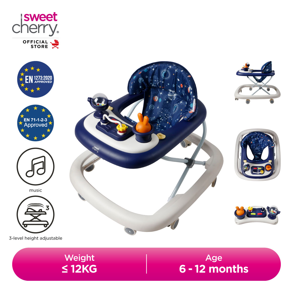 Sweet Cherry Baby Walker Adjustable Height With Music Light and Squeaky Toy WA-02 Bunny Walker