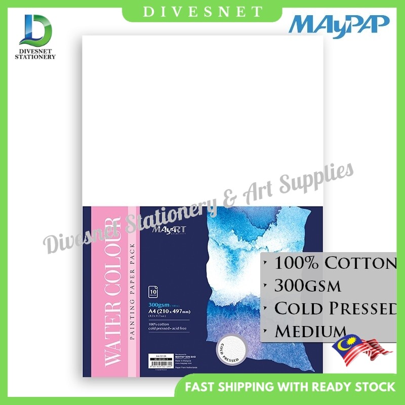 MayArt 5s/10s 300g Watercolour Paper Pack 100% Cotton Cold Pressed (Medium Common) A2(MA00126) / A3(MA00127) / A4(MA00128)