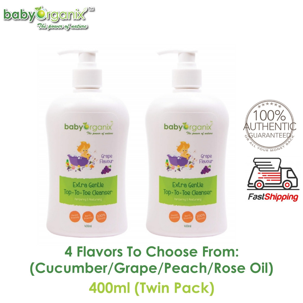 Baby Organix Extra Gentle Kids & Family Top To Toe Cleanser 400ml TWIN PACK (Long Expiry) Cucumber Grape Peach or Rose Oil Flavors