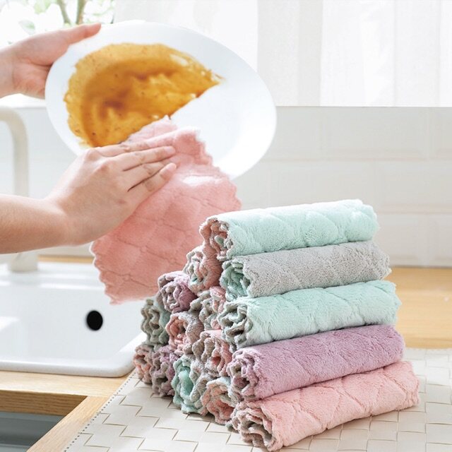 1pcs Dishcloth, absorbent cloth, non-stick oil, scouring pad, kitchen dish towel, cleaning cloth, table wipe, 双面珊瑚绒抹布