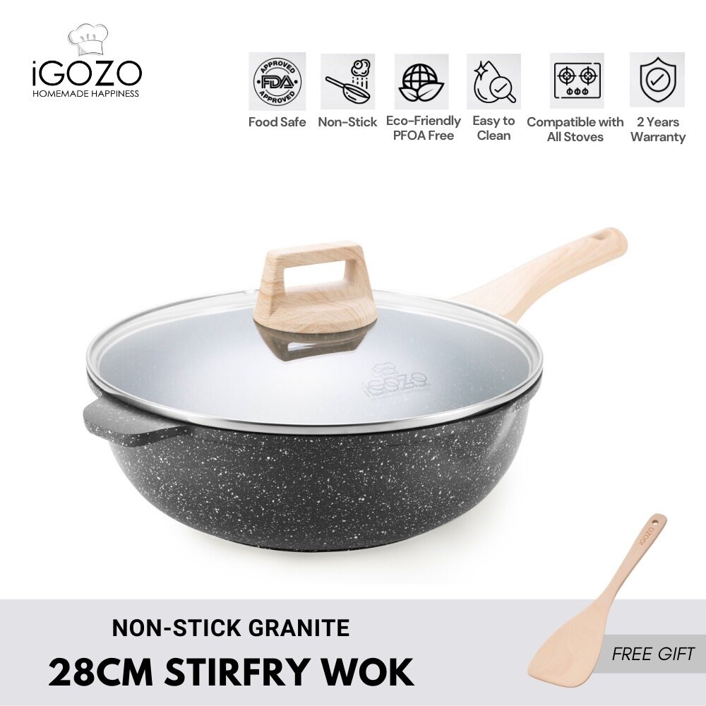 iGOZO 28cm Non Stick Granite Stir-fry Wok + Glass Lid (Free Wooden Spatula)