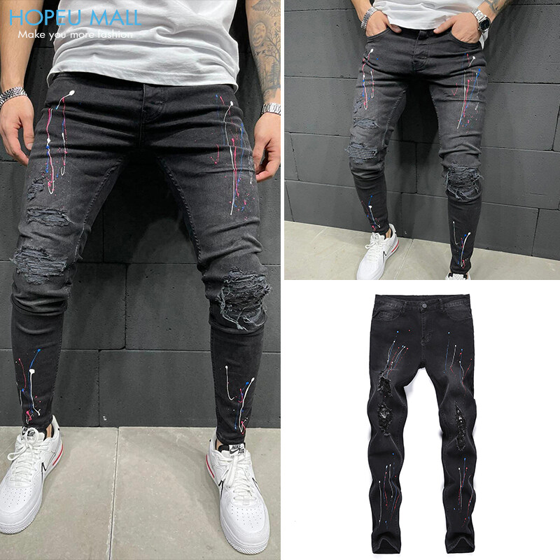 HOPEU Quần Jean Rách Bó Cho Nam Quần Dài Quần Jens Nam Rách Ôm Co Giãn Quần Jogger Rách Quần Dài Den