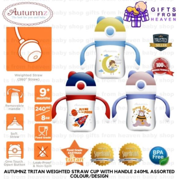 AUTUMNZ TRITAN WEIGHTED STRAW CUP WITH HANDLE 240ML ASSORTED COLOUR/DESIGN