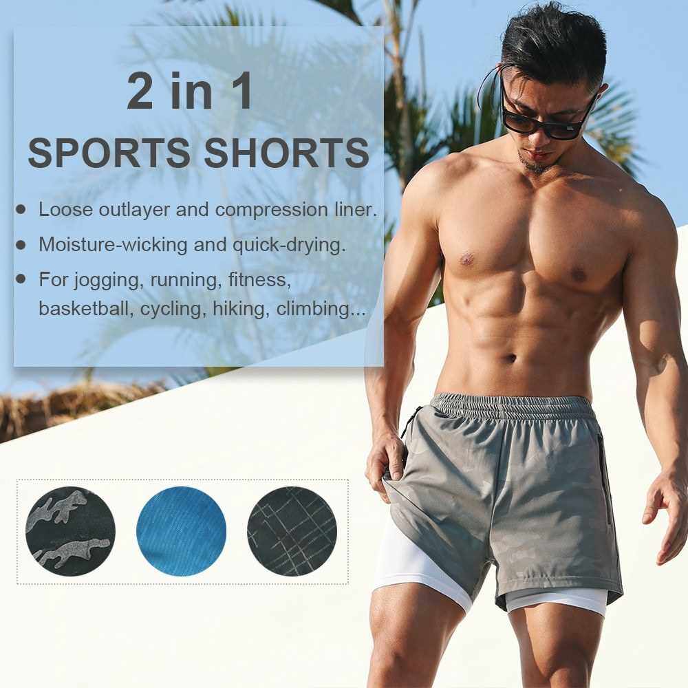 Men's 2 in 1 Running Shorts with Pockets Compression Liner Gym Training Fitness Workout Short Pants (Dark Gray)