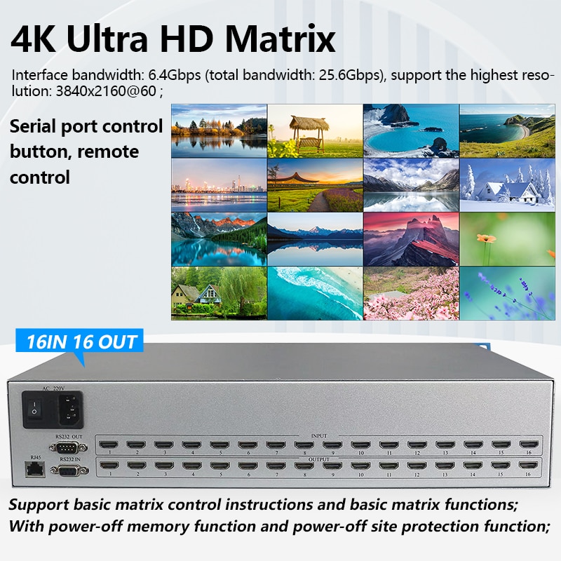 Matrix Switch HDMI2.0 16x16 4K 60Hz HDCP2.2 Profesional Rack HDMI-compatible Splitter 16 in 16 out with HDMI Audio Video Switch ราคา 20,940 บาท*ส่งฟรี