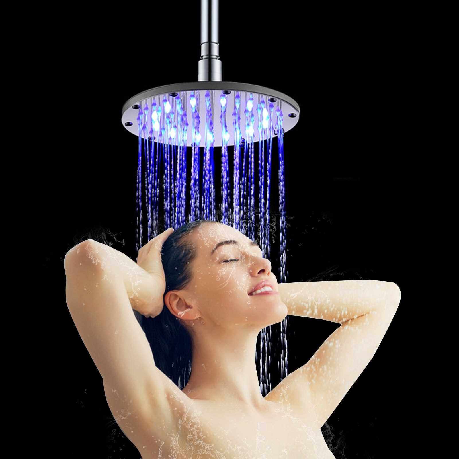 8 inch LED Rainfall Shower Head Round Shower Head Automatically RGB Color-Changing Temperature Sensor Showerhead for Bathroom (White)