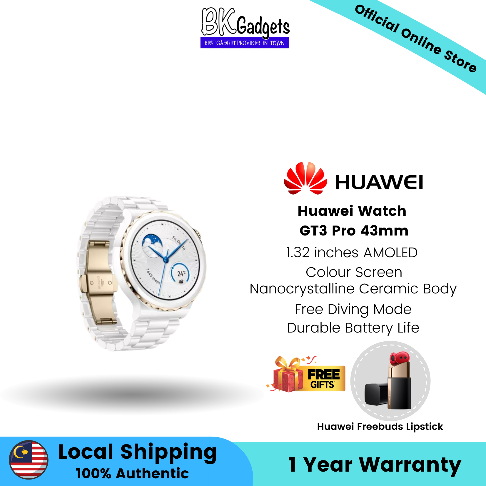 Huawei Watch GT 3 Pro 43mm - 1.32 inches AMOLED Color Screen Nanocrystalline Ceramic Body Free Diving Mode