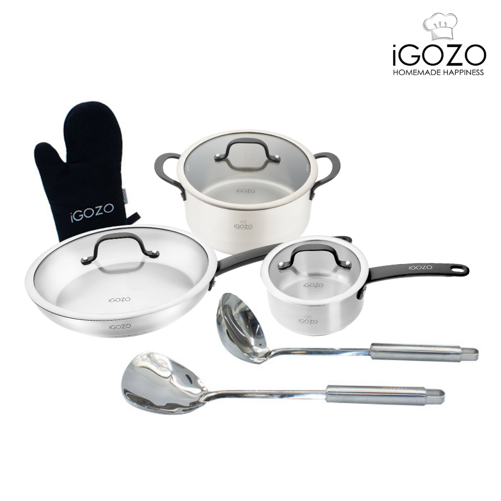 iGOZO Elite Stainless Steel Cookware Set (Free Stainless Steel Spatula + Soup Ladle + Kitchen Glove)