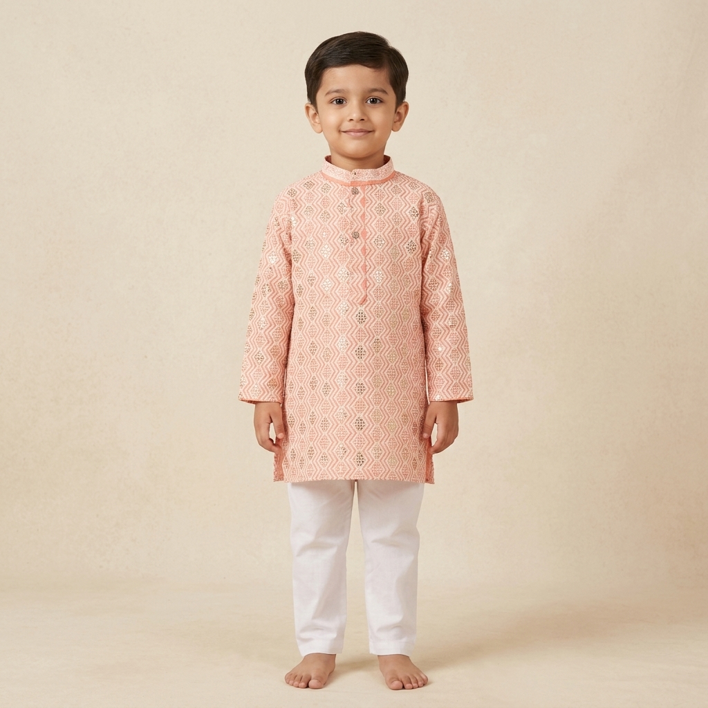 Kids Indian Kurta Pajama Set | Embroidered Kurta with White Pajama | Boys Ethnic Wear
