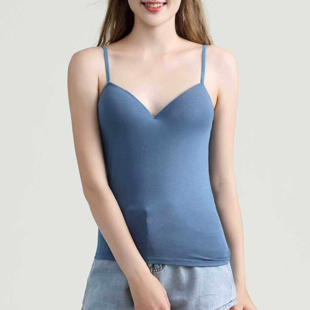 Women Modal Camisole Adjustable Straps Pad Wireless Solid Color Bra Slim Yoga Vest (Dark Blue)