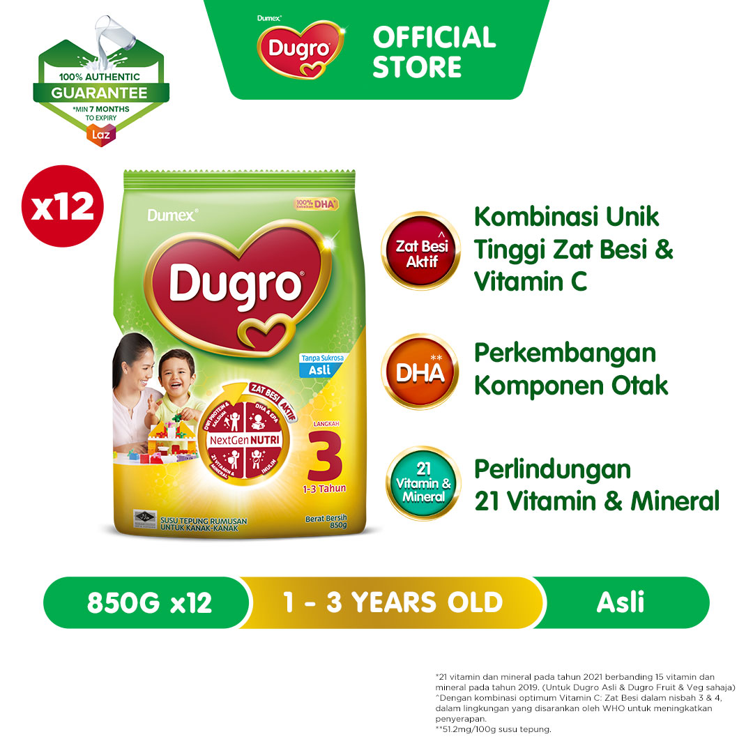 Dumex Dugro Step 3 Original/Asli Growing Up Milk Formula 1 - 3 years 850g x 12 (Susu Milk Powder 奶粉)