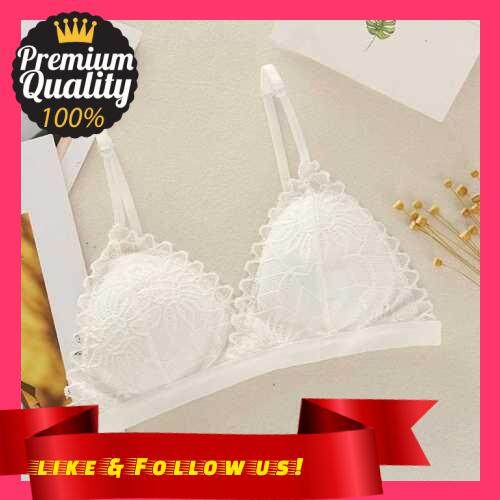 People's Choice Sexy Women French Style Bralette Lace Wireless Triangle Cup Solid Color Adjustable Strap Detachable Padding Seamless Underwear Deep V Girls Bra (White)