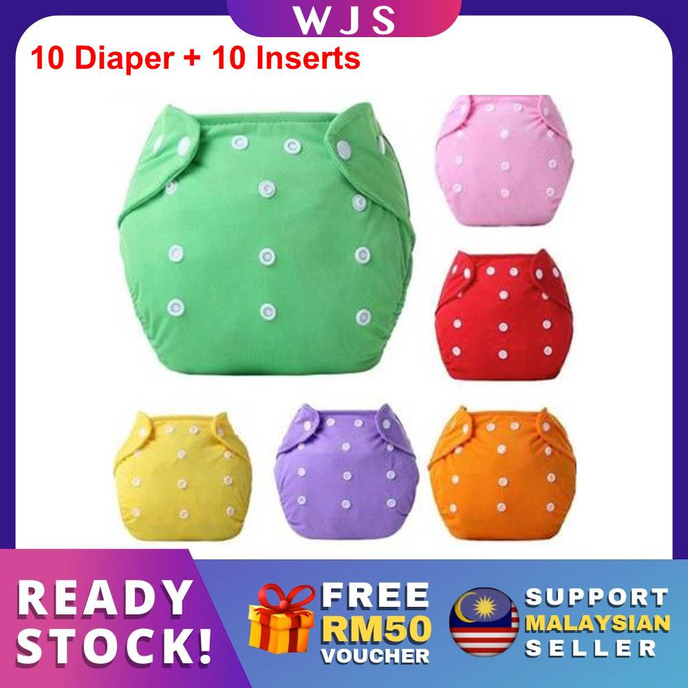 (UP TO 10 PCS + 10 INSERTS) WJS Affordable Cost Saving 10pcs 10 PCS or 5pcs 5 PCS Super Smooth Adjustable Reusable Baby Washable Cloth Diaper Nappies With Inserts [FREE RM 50 VOUCHER]