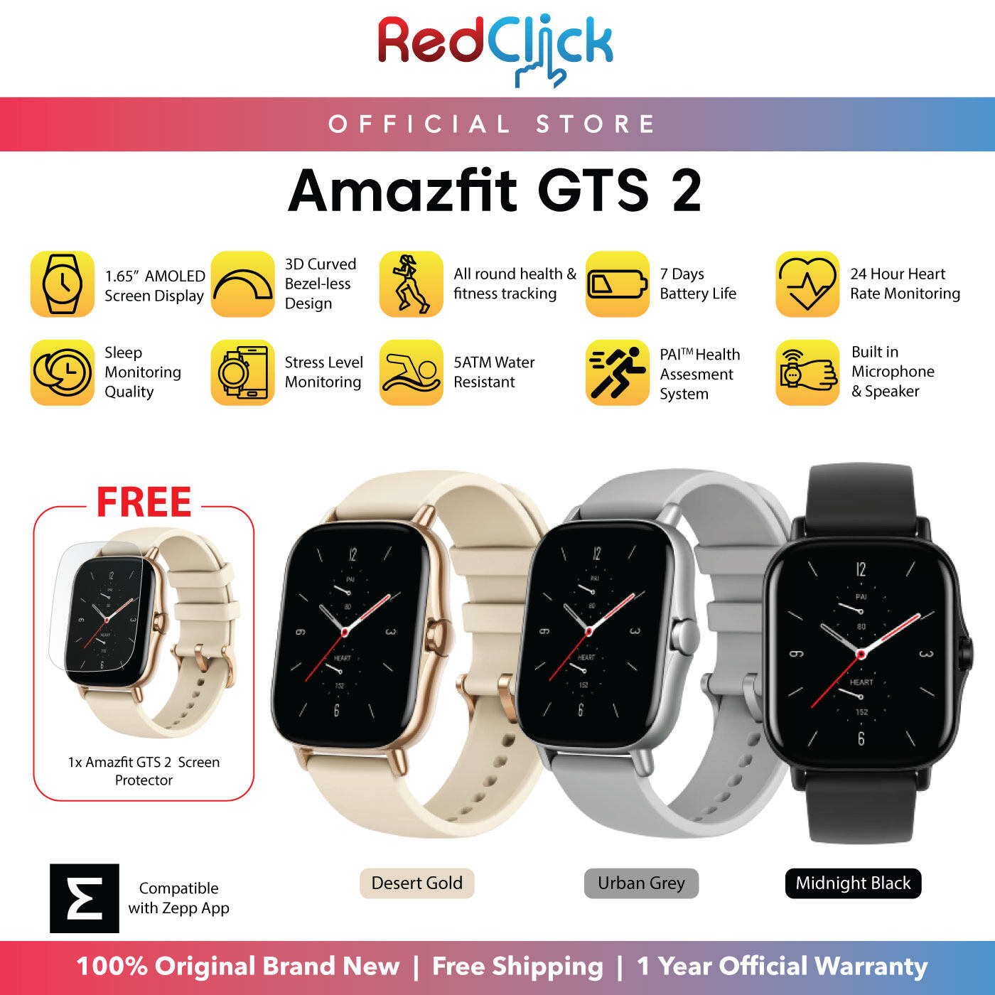 (Official Amazfit) Amazfit GTS 3 1.75" / GTS 2 1.65" AMOLED Display 3D Curved Bezel-less Design Music Storage Build-in Mic and Speaker Support Phone Call + Free Gift