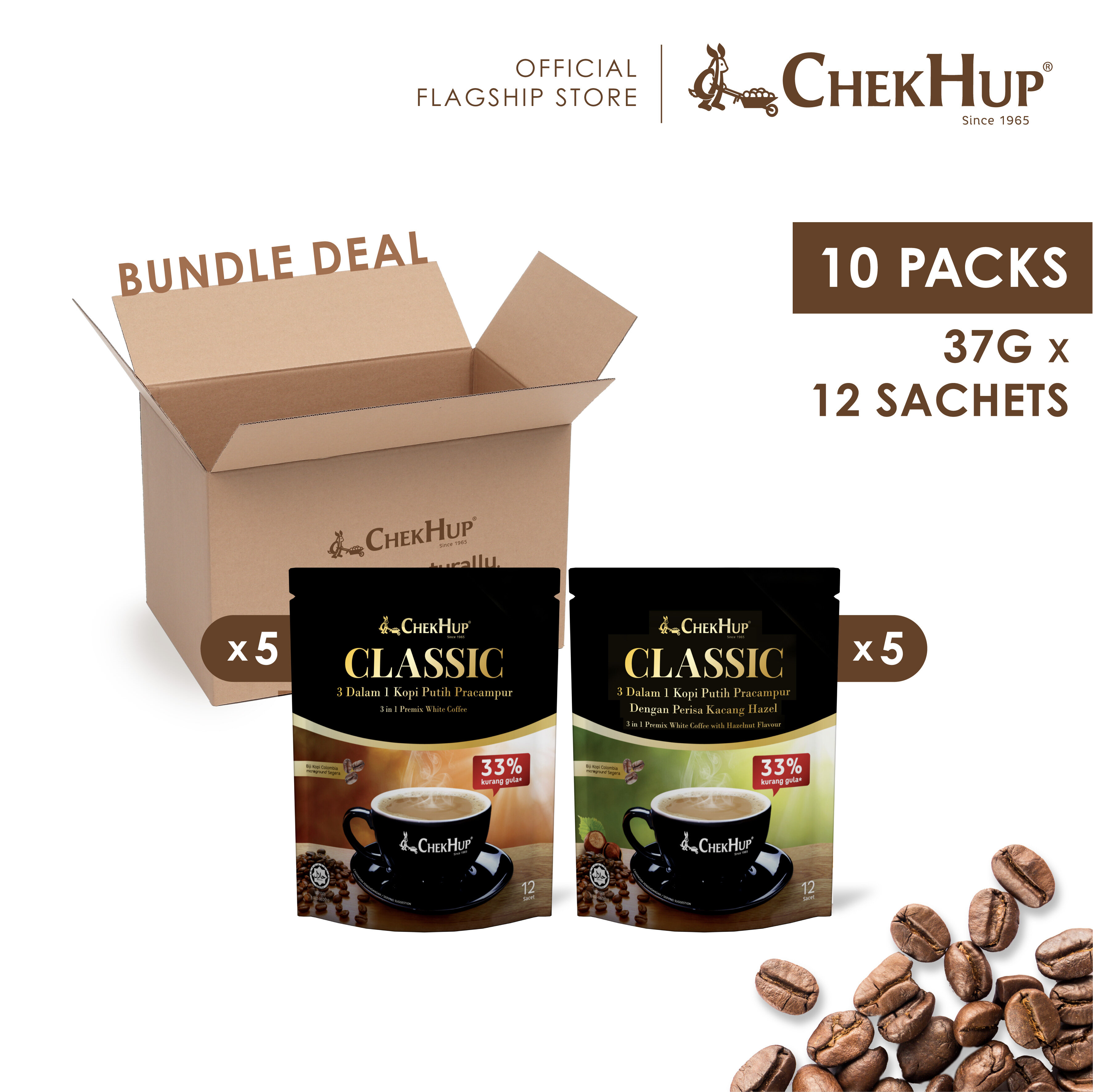 Chek Hup 3in1 Classic Colombian White Coffee (33% Less Sugar) 37g x 12s [Combo set of 5 Classic White Coffee and 5 Classic White Coffee with Hazelnut)