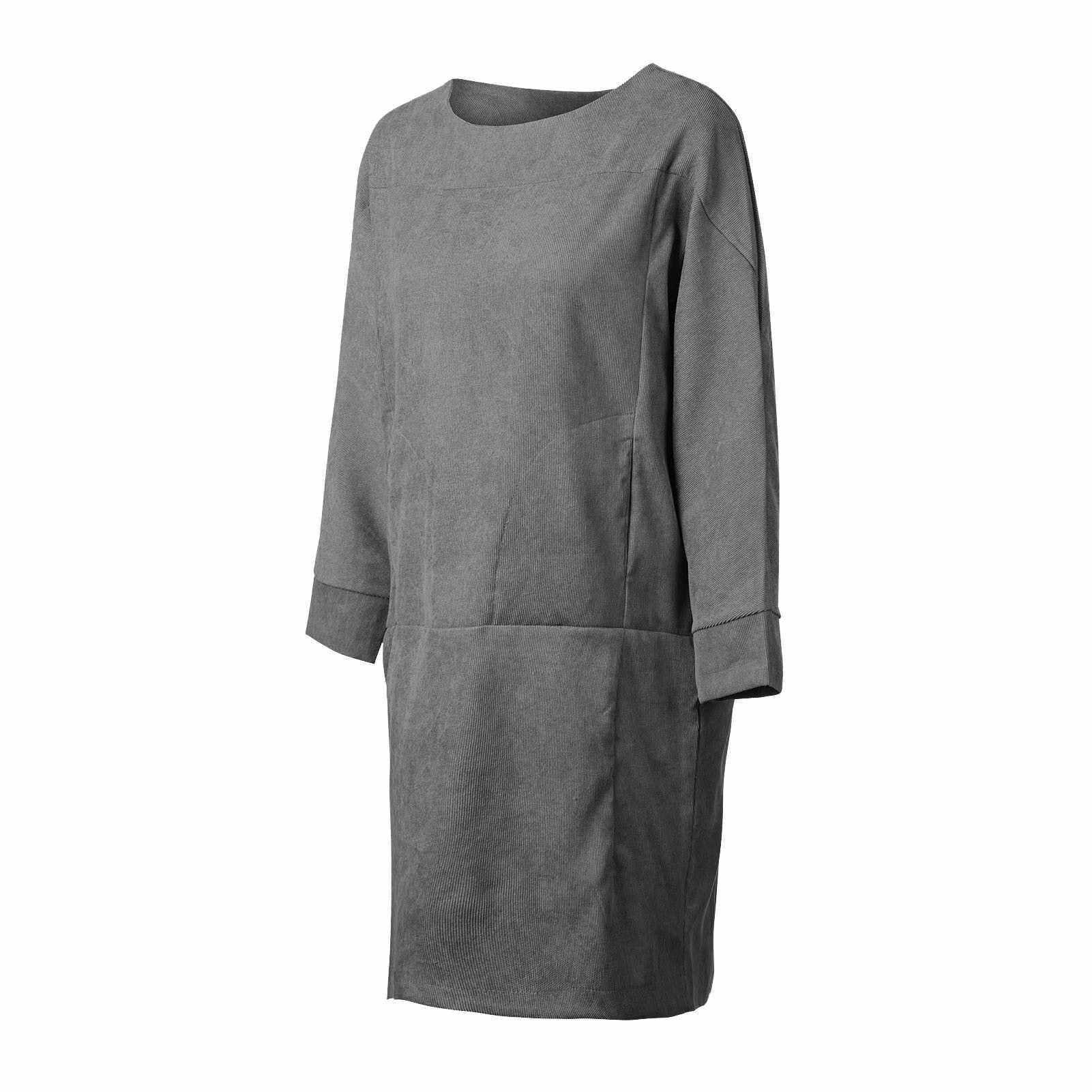 Women Long Sleeve Dress Side Pockets Vintage Loose Corduroy Dress (Grey)