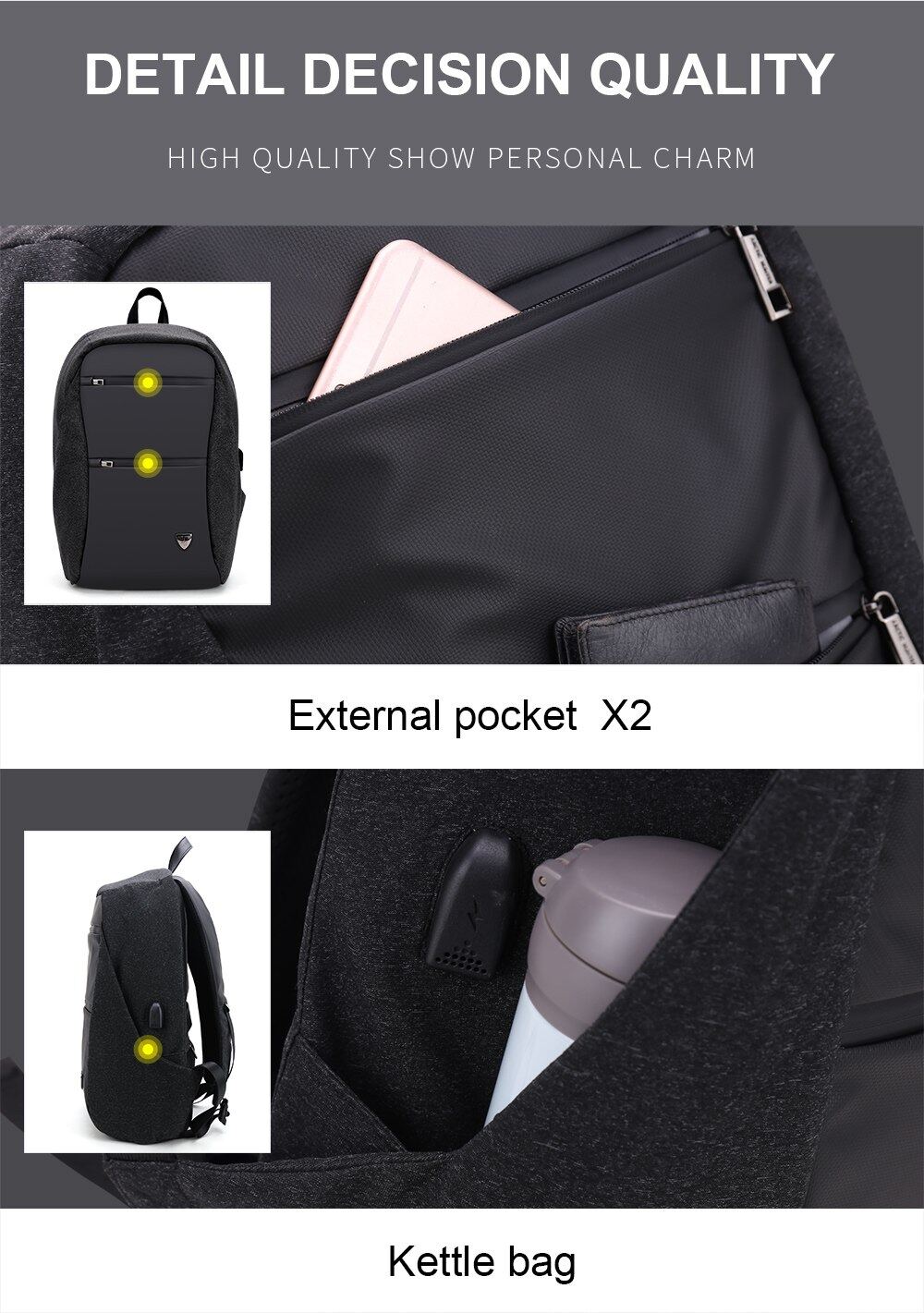Arctic Hunter i-Beyondz Backpack KEVLAR LOCK Laptop Backpack Anti-Theft USB Business Bag Water Bottle Travel Bag (15.6")