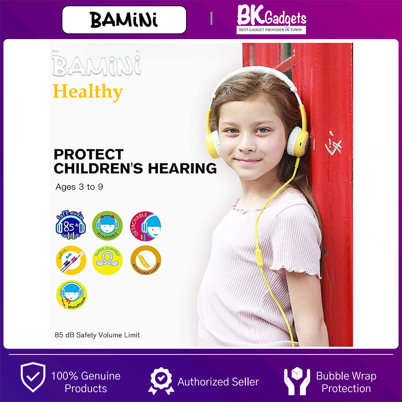 BAMINI Healthy - Child Stereo Foldable Over-Ear Wired Headphone | Low Decibel Hearing | Early Childhood Education with Microphone | Volume Control