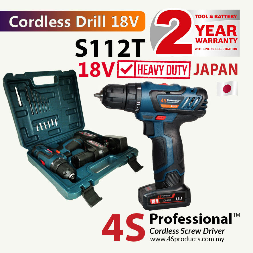 4S Professional™ S112T (HIGH Torque) Cordless Screw Driver Drill 18V 2PCS Batteries + 13PCS Bits Set S112-T