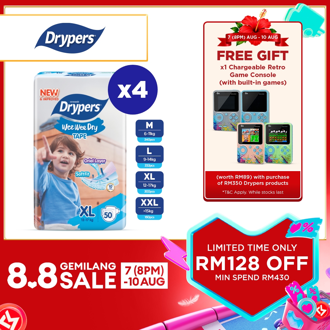 Drypers Wee Wee Dry Baby Tape Diapers M60s/ L58s/ XL50s/ XXL40s (4 packs) - Super Dry Soft & Fit