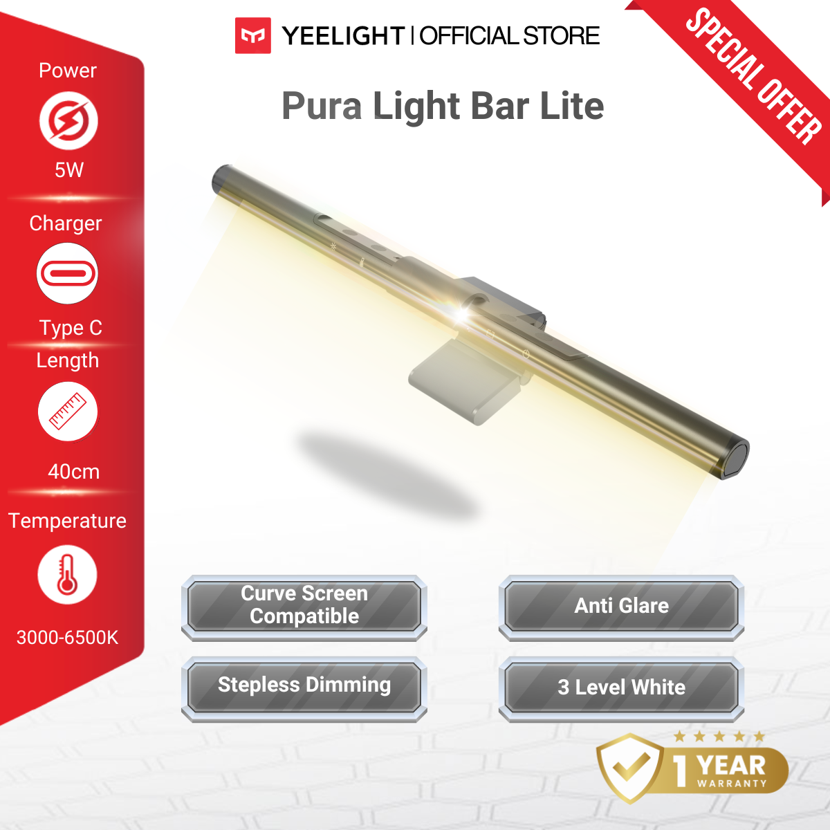 Yeelight Pura Light Bar Lite LED Desk Lamp for Monitor & Workspace Lighting | Eye Comforting Lighting