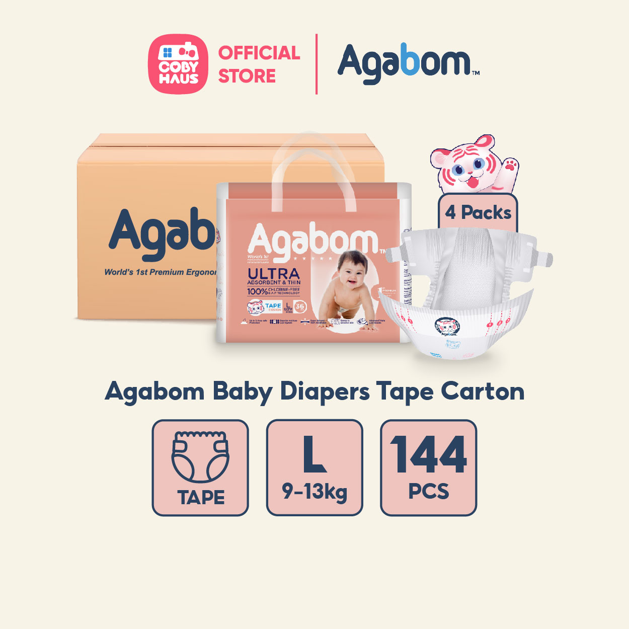 [Carton] Agabom Baby Diapers Tape NB-XL / Lampin Bayi Jenis Tape (4 Packs) 100% SAP Ultra-Thin
