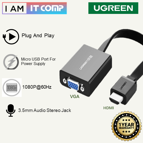 UGREEN HDMI To VGA Converter 25cm / Micro USB Port / Audio Port / 1080P 60HZ / High Compatibility / ABS Case (40248)