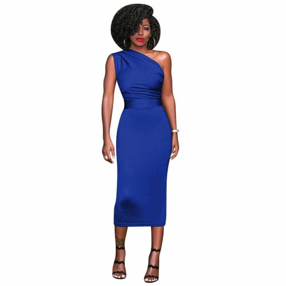 New Sexy Women Bodycon Midi Dress One Shoulder High Waist Sleeveless Party Clubwear Dress (Blue)