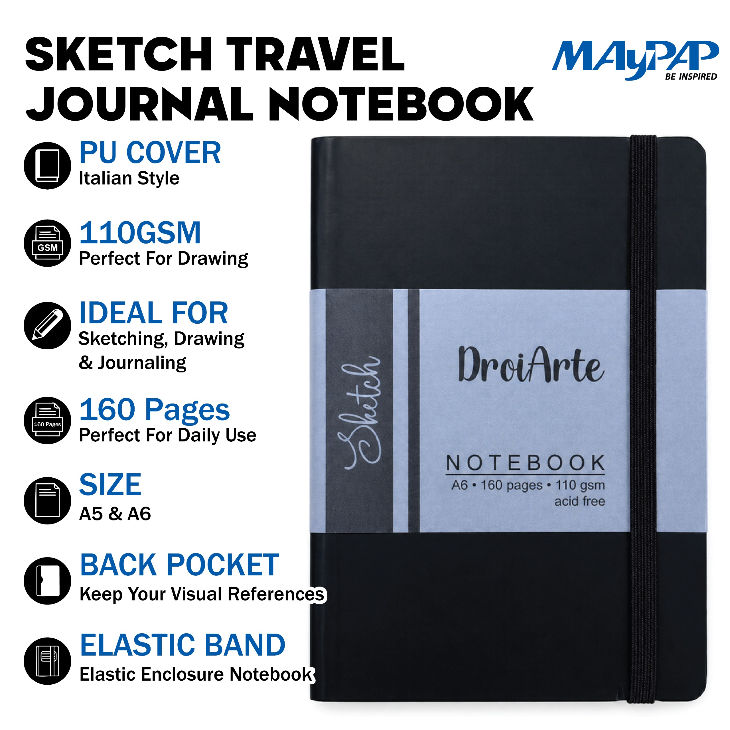 MayArt DroiArte Sketch NoteBook Journal with Elastic Band & Back Pocket 110gsm A5/A6