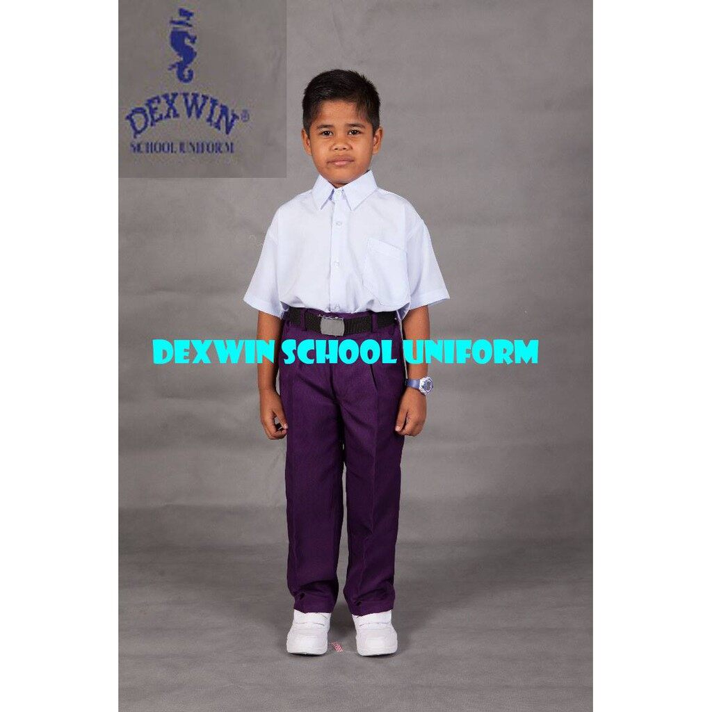 pakaian sekolah seluar ungu bergetah kain licin