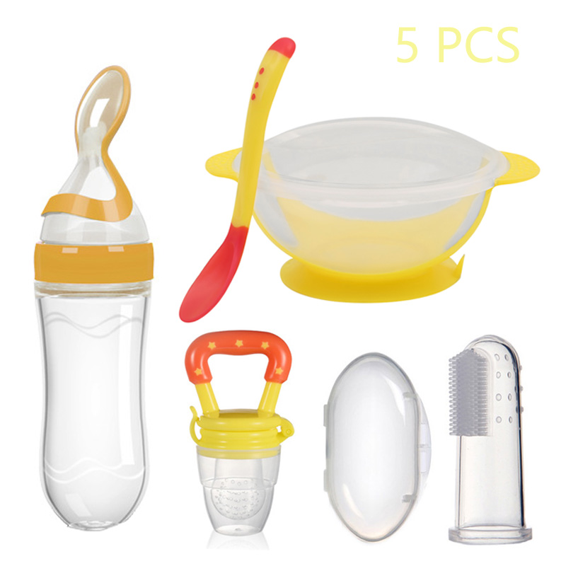 5 pcs/set Baby Food Feeder Kit Infant Fruit Feeder Spoons Bowl Food Dispenser Bottle gift