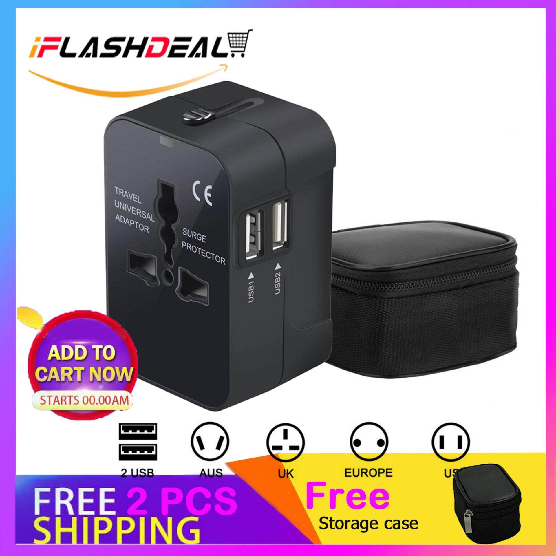 iFlashDeal Universal Travel Adaptor Konverter Travel Adapters Converters, All in One International Multi-Outlets Wall Power 2 USB Charging Ports UK/USA/EU/AUS Worldwide Converter Plug Charger