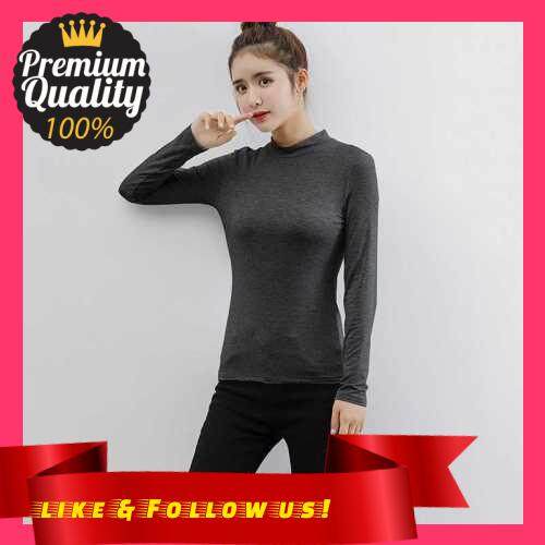 People's Choice Fashion Women Autumn Solid Color T-Shirt Half Collar Long Sleeve Thin Elastic Slim Bottoming Top (Dark Gray)