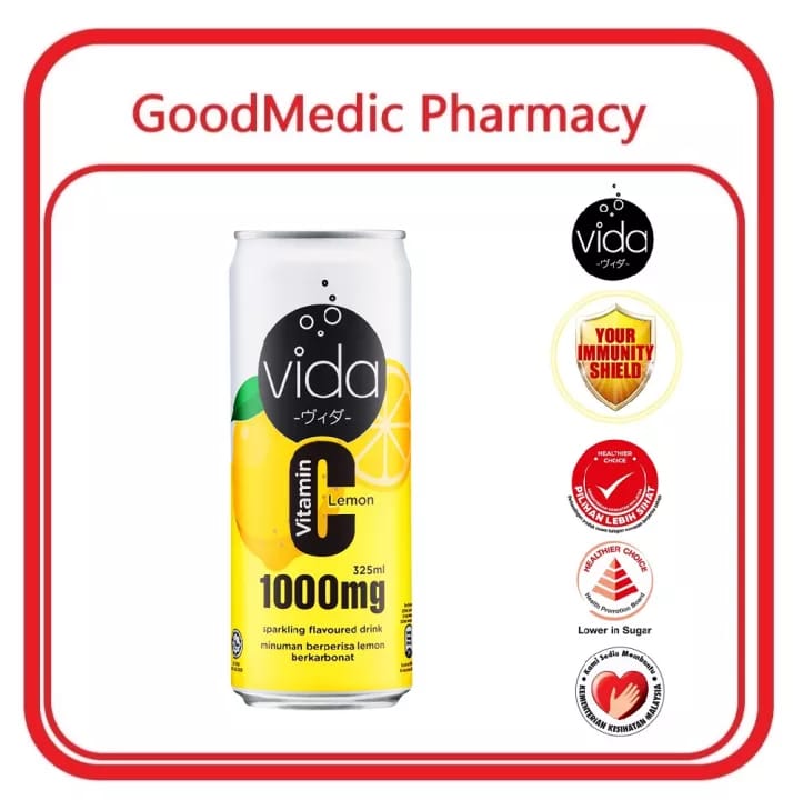 Vida C Vitamin 1000mg Vitamin C Sparkling Drink 325ml (Lemon/Kiwi/Pink Guava/Orange/Blackcurrant) Halal