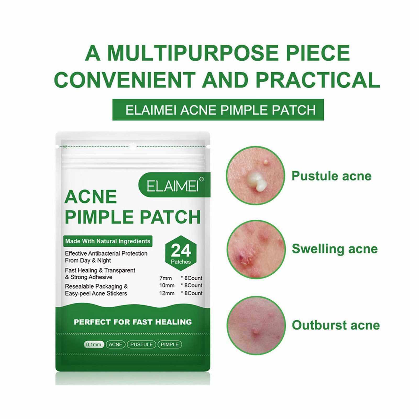 BEST SELLER 24 Patches Acne Pimple Patch Invisible Acne Removal Stickers Pimple Remover Tool Face Skin Care for Day Night Use (Green)