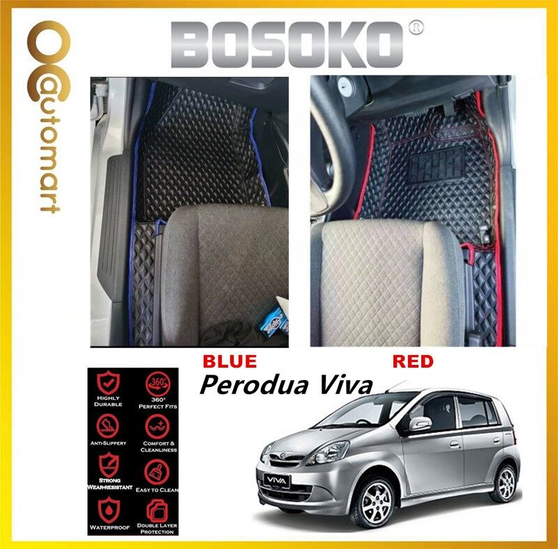 BOSOKO 5D CARPET For Perodua Viva (2007-2014) Car Floor Mat Carpet Full Set (Black + Red Lining)(Black + Blue Lining)