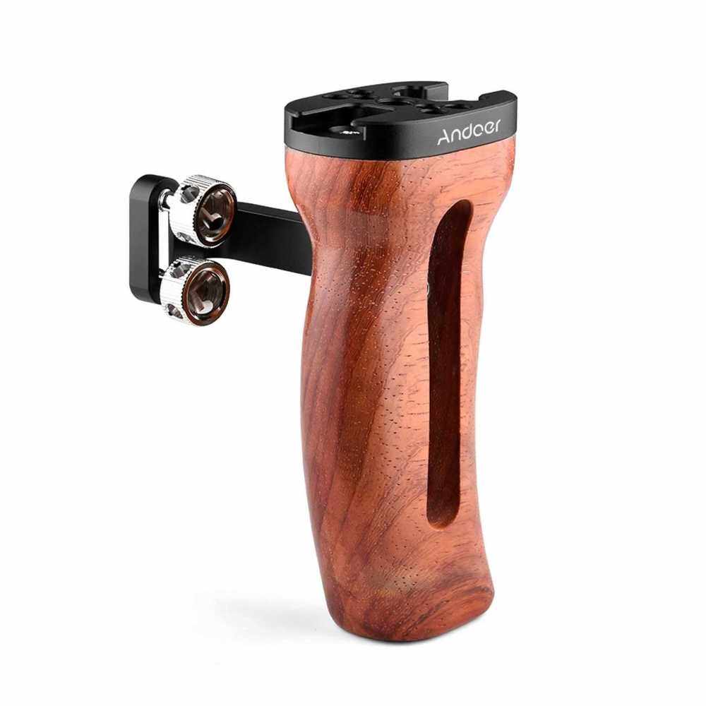 Andoer Universal Camera Cage Wooden Handle Left/Right Side Hand Grip with Cold Shoe Mount 1/4 Inch & 3/8 Inch Screw Holes Video Photography Accessories (Standard)