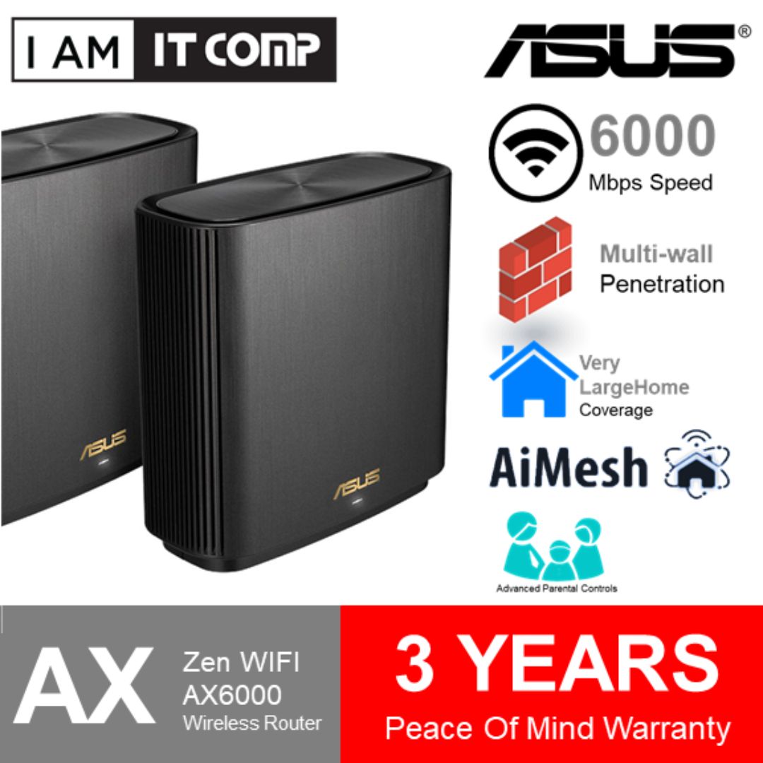 Asus ZenWiFi AX (XT8) WiFi 6 AX6600 Tri-Band Mesh Wi-Fi, 4x Ethernet Wireless Router, AiMesh (2 Pack