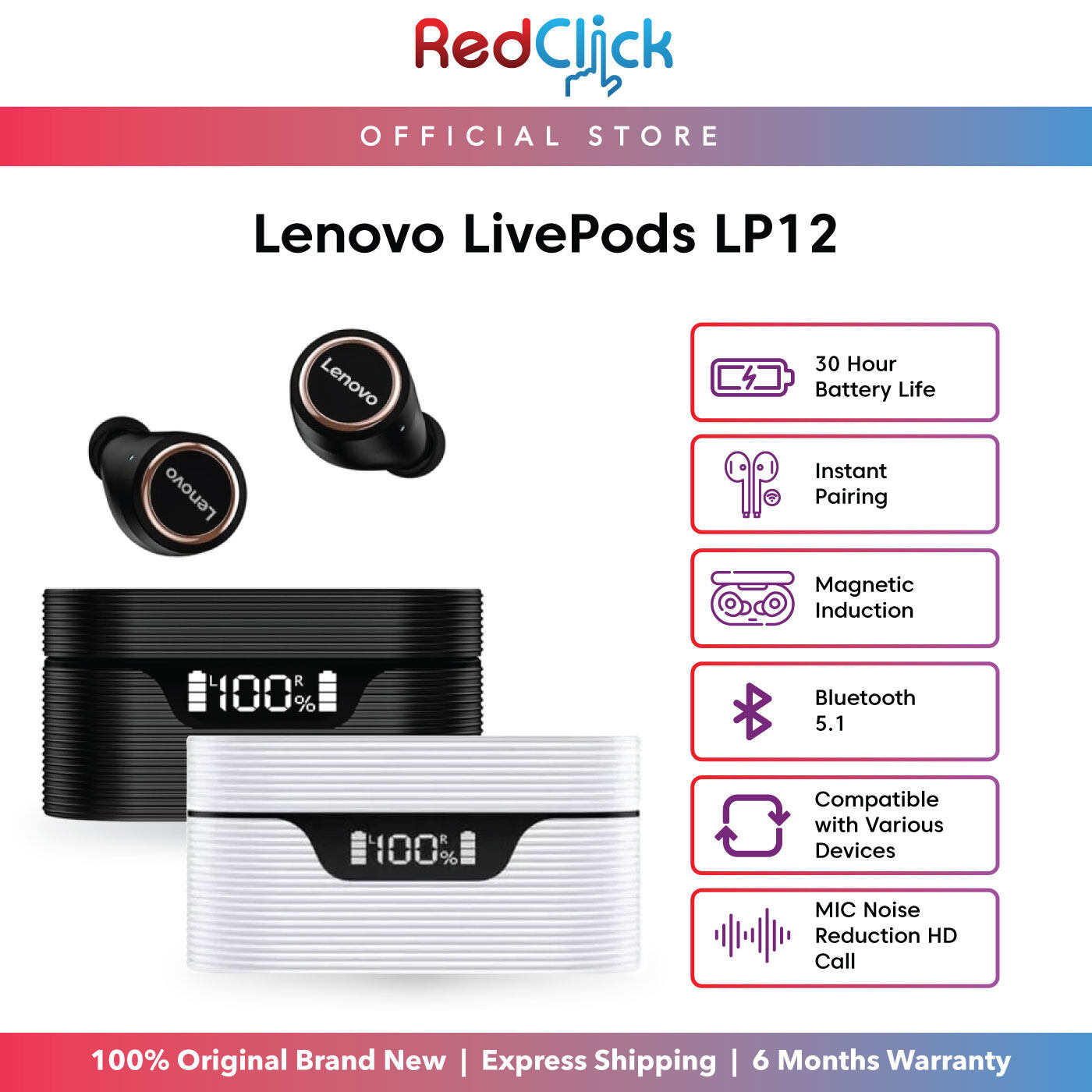 Lenovo LivePods LP12 TWS Earbuds Wireless Bluetooth 5.0 DSP Noise Reduction IPX5 Waterproof Earphones
