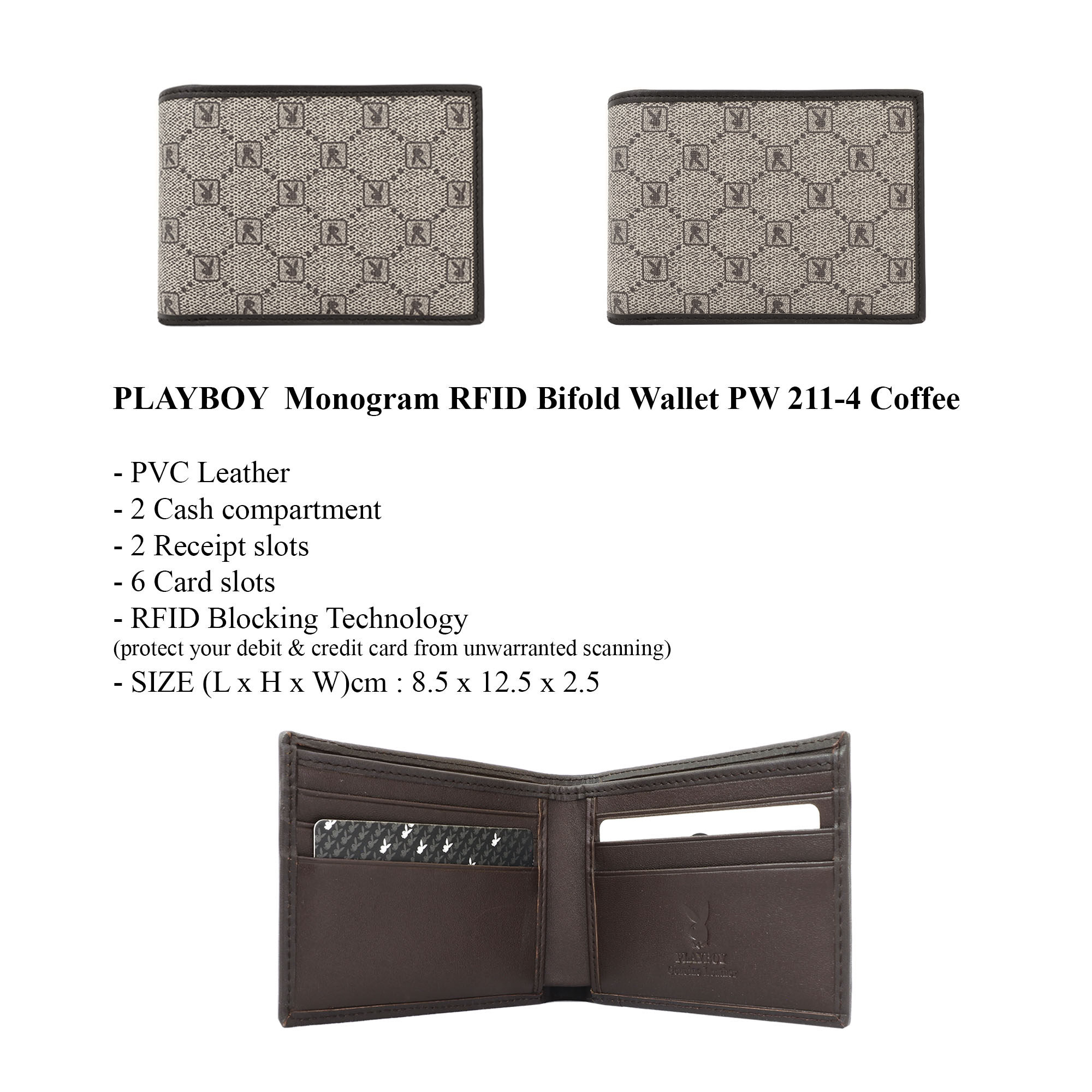 Playboy Monogram RFID Long Wallet / Bifold Wallet PW 211 Coffee
