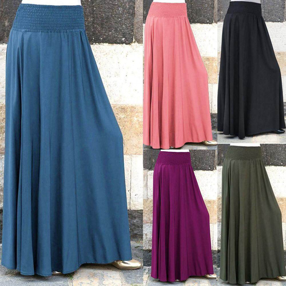 W-Women Fashion Elastic Waist Solid Pleated Skirt Vintage A-line Loose Long Skirts-Free shipping