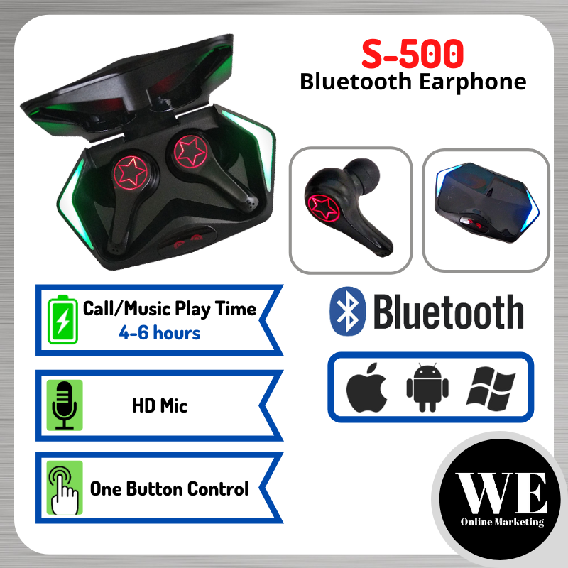 (Ready Stock) S500 TWS Bluetooth Earphone - Gaming Twin Wireless Stereo Earbud Earfon Handsfree Headset Earpiece Touch Sensor Control Hifi Sport Super Bass with Mic Waterproof Water Resistant In-Ear Android