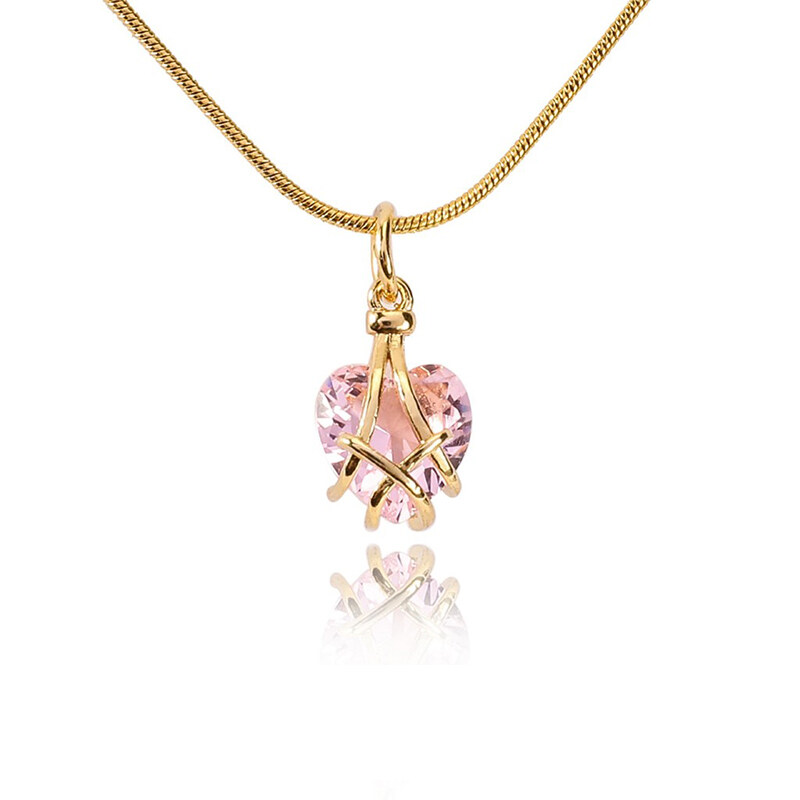 【Malaysia Ready Stock】BZEBI 18k Gold Plated Pink Heart Barbie Necklace Crystal Birthstone Pendant Cubic Zirconia For Women