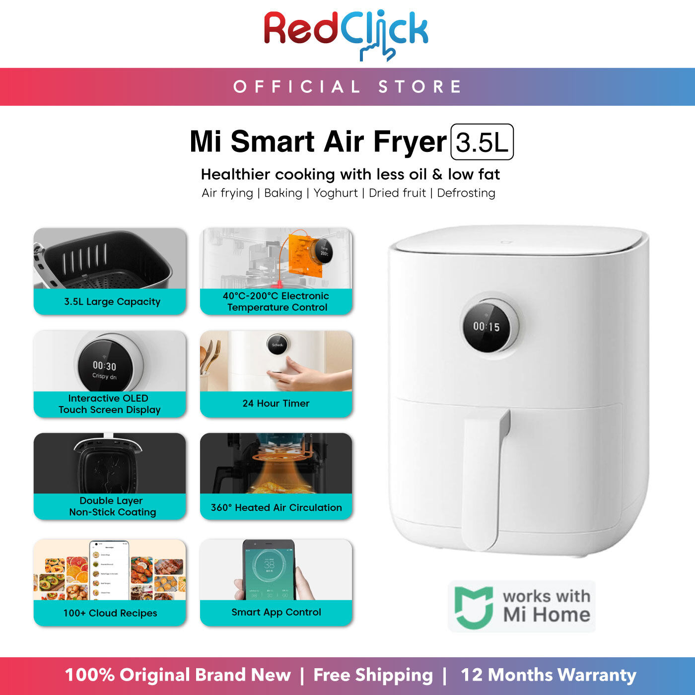 Mi Smart Air Fryer 3.5L Large Capacity OLED Display 100+ Cloud Recipes Smart App Control Global English Version
