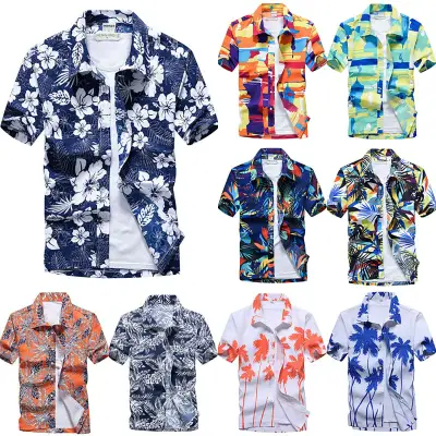 Men Hawaiian Floral Print Casual Holiday Blouse Beach Short Sleeve Tee Shirt