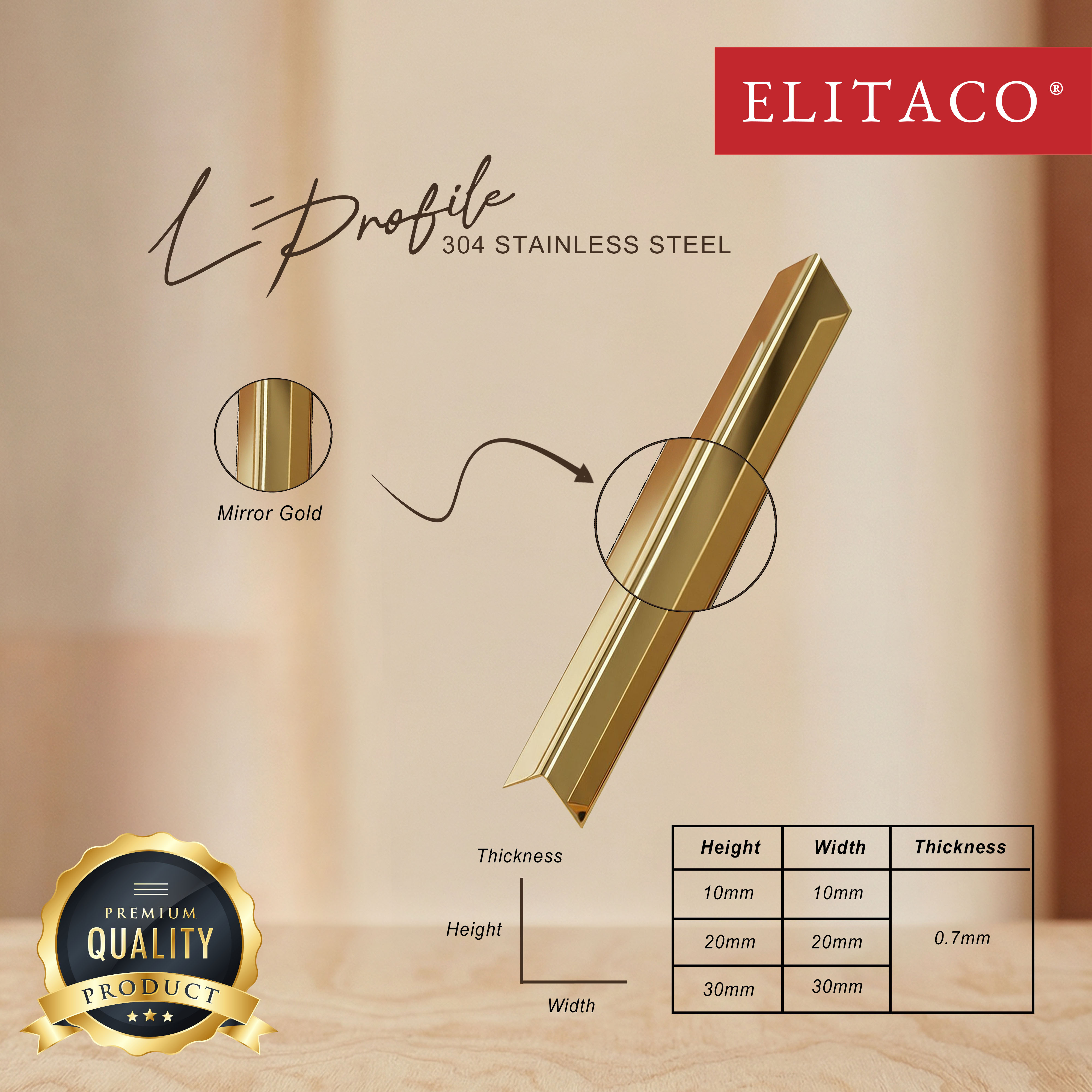 【ELITACO】304 Stainless Steel L-Profile Edge Trim | Wall Cover & Corner Protector | 1m | L10 L20 L50