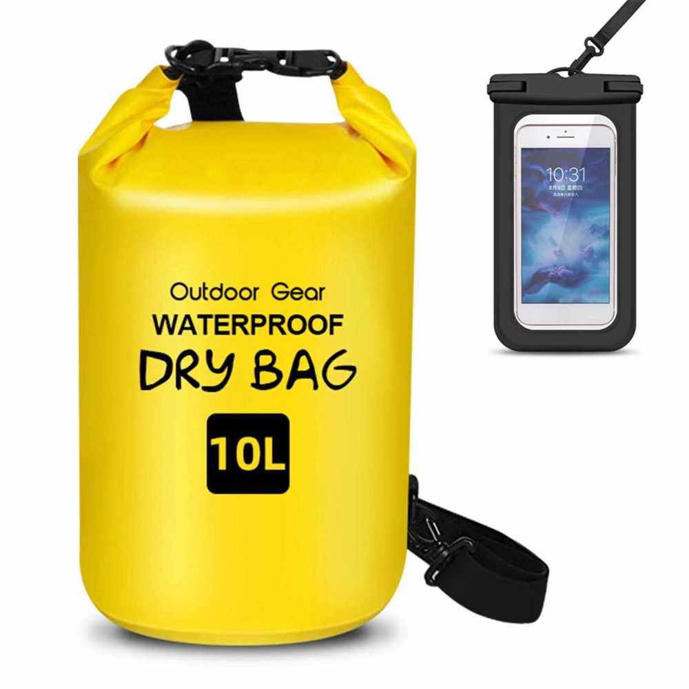 Waterproof Dry Bag and Phone Case Roll Up Dry Sack & Phone Holder Large Capacity Bucket Bag For Camping Drifting Swimming (Yellow)
