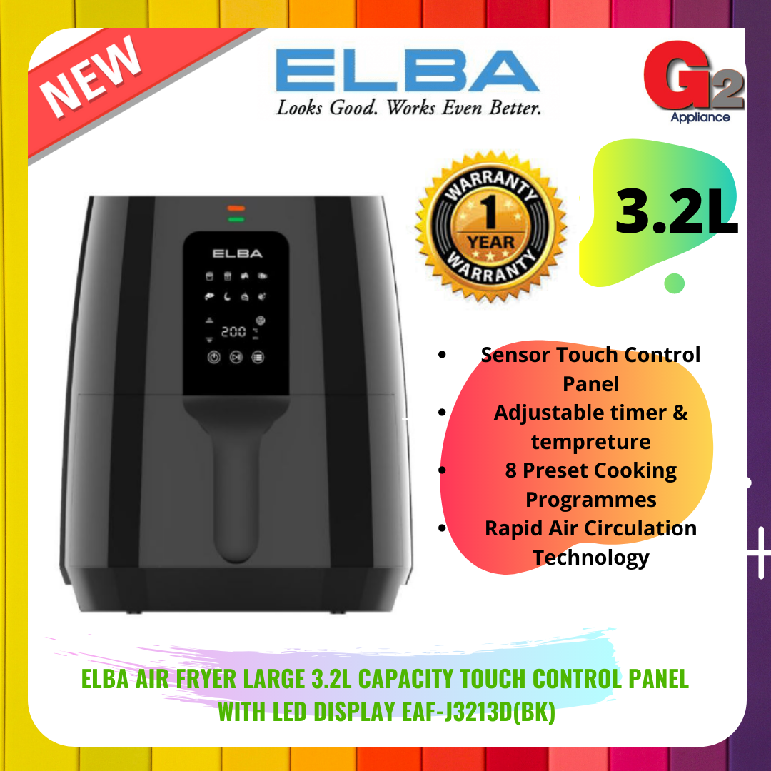 ELBA Air Fryer Large 3.2L Capacity Touch Control Panel With LED Display EAF-J3213D(BK)-Elba Warranty Malaysia