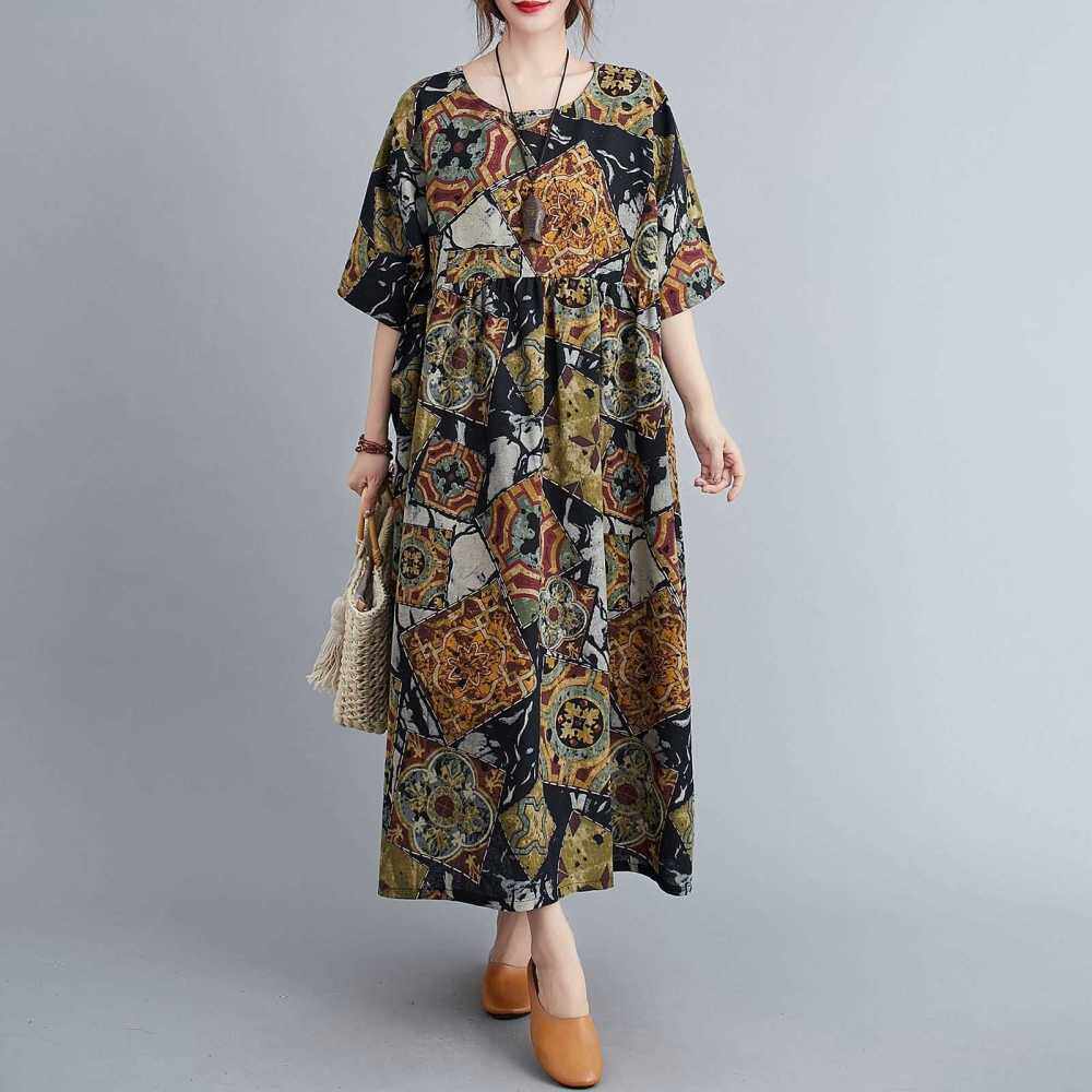 Vintage Women Cotton Linen Dress Print O Neck Short Sleeve High Waist Loose Casual Summer Dress (Multicolor)