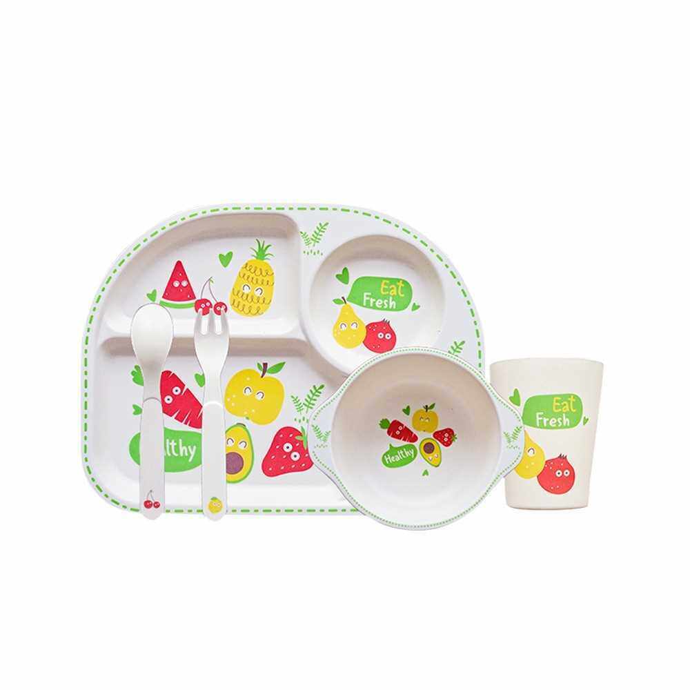 5 Piece Kids Dinnerware Set Bamboo Fiber Safe & Eco-friendly Cartoon Plate Bowl Cup Fork Spoon Kit Dishwasher Clean for Baby Toddlers Children (Green)